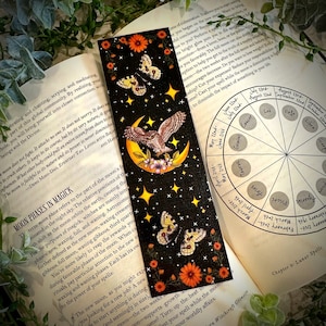 Witchy Owl and Moon Bookmark with Butterflies, Cottagecore Fairycore Aesthetic, Hand-Illustrated Bookmark