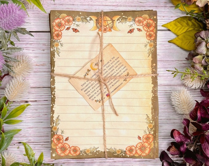 Handmade and Hand-Illustrated Witchy Stationery Set, Dyed in Coffee, Vintage Cottagecore Aesthetic
