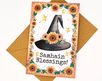 Samhain Blessings, Blank Greeting Card with Witchy Hat