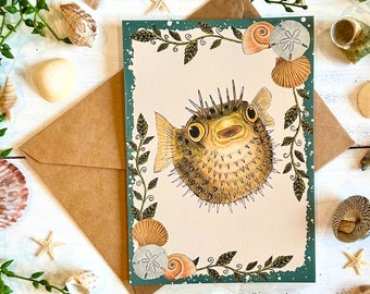 Handmade Cute Pufferfish Blank Greeting Card, Beach and Sea Aesthetic, 5x7 inch, Gift for Sea and Fish Lovers