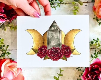 Witchy Crystal Art Print: Triple Moon, Floral Pagan Decor