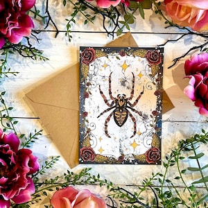Witchy Dark Vibes Spider Blank Greeting Card, Hand-Illustrated and Handmade, 5x7 inch, Unique Gift for Goth or Witch