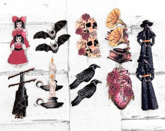 18 Spooky Goth Style Die Cuts, Hand-Illustrated Cardstock Ephemera for Scrapbooking, Journaling