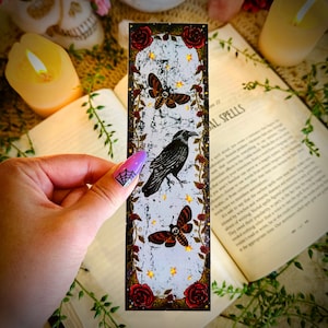 Spooky Raven with Death Moths Bookmark, Goth Dark Academia Vibes, Hand-Illustrated Bookmark