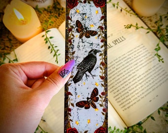 Spooky Raven with Death Moths Bookmark, Goth Dark Academia Vibes, Hand-Illustrated Bookmark
