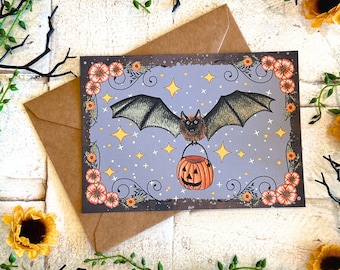 Handmade Spooky Halloween Blank Card with Bat and Pumpkin, 5x7 inches, Cottagecore Vibes
