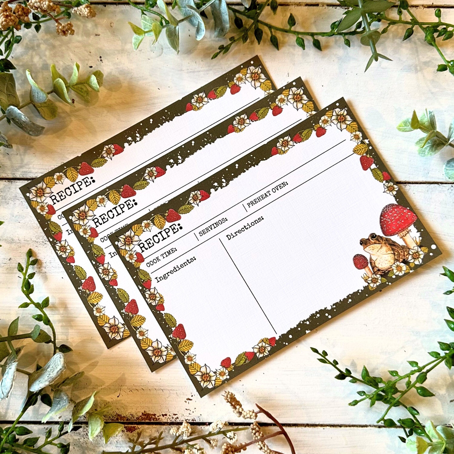 Set of 10 Green Cottagecore 4x6 inch Recipe Cards, Handmade and Hand-Illustrated featuring Toad and Mushroom Design, Housewarming Gift