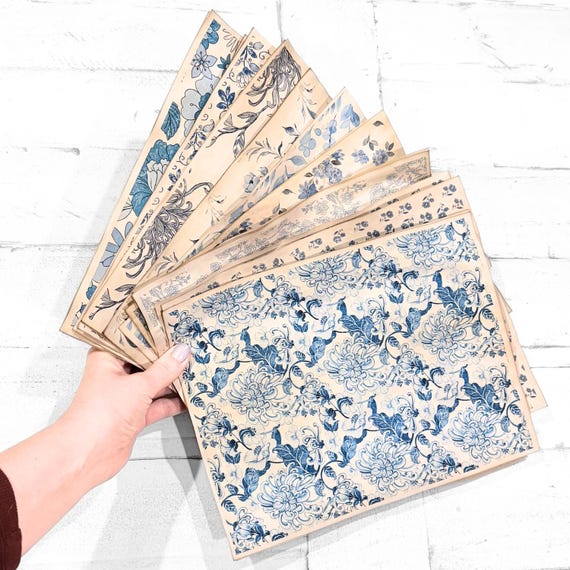 Pack of 20 Handmade Nomad Moon Magic Coffee-Dyed Papers, Blue Florals Variety Pack