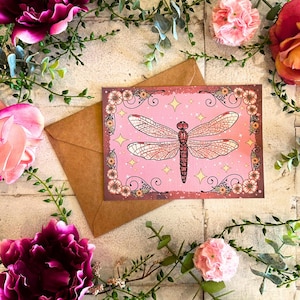 Handmade Red Dragonfly Greeting Card: Cottagecore Nature Card