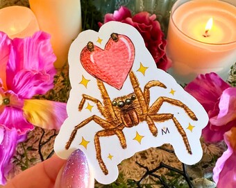 Fuzzy Jumping Spider Sticker with Heart, Waterproof Vinyl