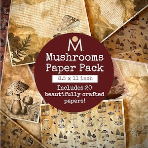 Pack of 20 Cottagecore Mushroom Papers - Coffee-Dyed and Vellum - For Scrapbooking, Junk Journals, Cards & Papercraft