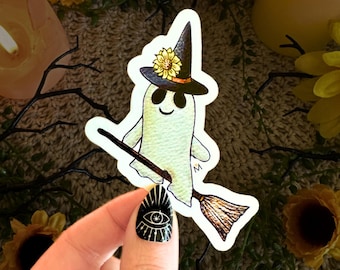 Handmade Witchy Ghost Vinyl Sticker, Cottagecore Halloween