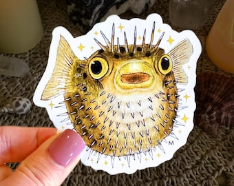 Handmade Happy Pufferfish Sticker, Glossy Waterproof Vinyl