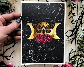Witchy Triple Moon Moth Art Print: Handmade Goth Wall Decor