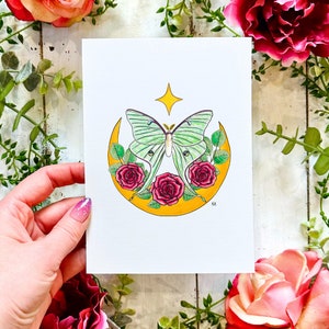 Witchy Luna Moth Art Print: Handmade Moon & Roses Illustration