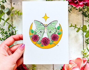 Witchy Luna Moth Art Print: Handmade Moon & Roses Illustration