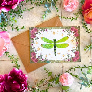Handmade Green Dragonfly Card: Cottagecore Nature Art (5x7 inch)