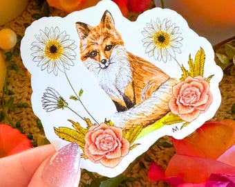 Handmade & Hand-Illustrated Springtime Garden with Fox Sticker, Made with Glossy Waterproof Vinyl, Cottagecore Vibes
