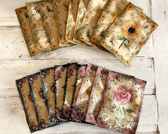 Pack of 18 Coffee-Dyed Papers with Flower Designs, Handmade Vintage-Style Junk Journal Ephemera