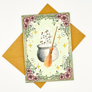 Witchy Cauldron Blank Greeting Card, Stationery for Green Witch