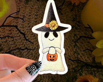 Handmade Witchy Ghost Sticker, Waterproof Halloween Vinyl