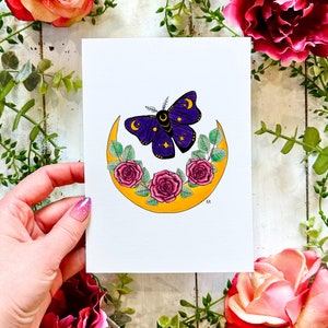 Witchy Moth Moon Art Print: Handmade Celestial Cottagecore Decor