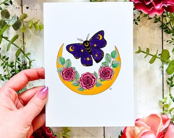 Witchy Moth Moon Art Print: Handmade Celestial Cottagecore Decor