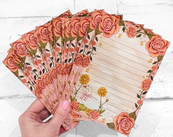 Coffee Dyed Pink Goose Stationery Paper Pack, Cottagecore Floral Journaling Sheets (5x7)