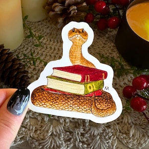Handmade & Hand-Illustrated Bookish Snake Sticker, Made with Glossy Waterproof Vinyl, For Readers and Snake Lovers