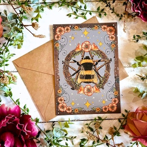 Handmade Witchy Bee Greeting Card, Blank Inside, Gift for Pagan or Witch, 5x7 inch