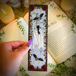 Spooky Ghost with Bats Bookmark, Goth Dark Academia Vibes, Hand-Illustrated Bookmark