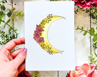 Witchy Floral Moon Art Print: Pink Roses, Handmade Illustration