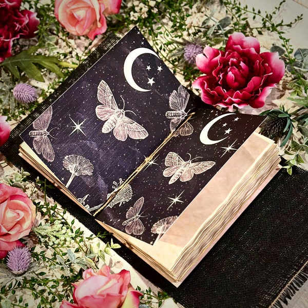 Handmade Vegan Witch Grimoire made with Recyclable Materials, Burlap Book of Shadows with Moth Design, Coffee-Dyed Pages