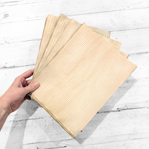 May include: A hand holding a stack of vintage graph paper sheets. The paper has a grid pattern with red lines and a cream color, suggesting an aged appearance. The paper is slightly yellowed, with visible wear.