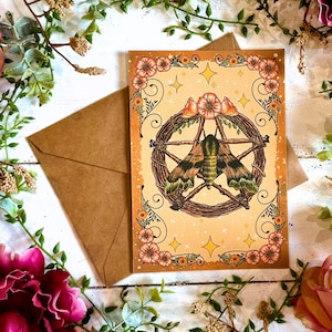 Handmade Witchy Moth Greeting Card, Blank Inside, Gift for Pagan or Witch, 5x7 inch