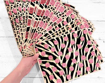 Pack of 20 Handmade Y2K Rose and Animal Print Design Coffee-Dyed Papers, Dopamine Journaling