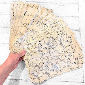 May include: A stack of rectangular paper sheets featuring a repeating pattern of small blue birds perched on thin branches with dark blue berries and light green leaves, all set against a cream-colored, aged-looking background.