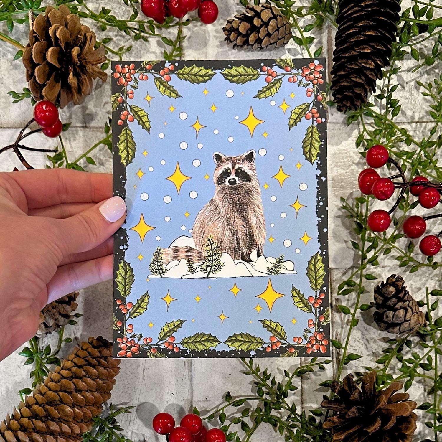 Winter Racoon Project Handmade Winter Racoon Holiday Card: Blank Yuletide Greeting - Etsy