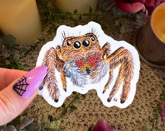 Handmade Fuzzy Jumping Spider Sticker: Creepy-Cute Waterproof Vinyl