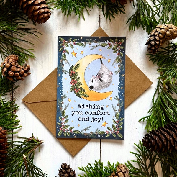 Cottagecore Yule Card, Witchy Moon and Opossum Design, Winter Solstice, Woodland Comfy Cozy Possum Aesthetic, Card for Witch