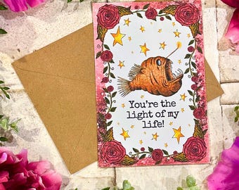 Handmade Funny Anglerfish Love Card, For Valentine's Day or Anniversary, 4x6 inch and Blank Inside
