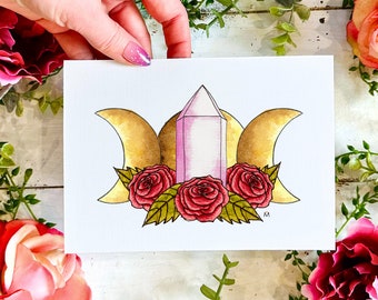 Witchy Crystal Art Print: Triple Moon, Floral Pagan Decor