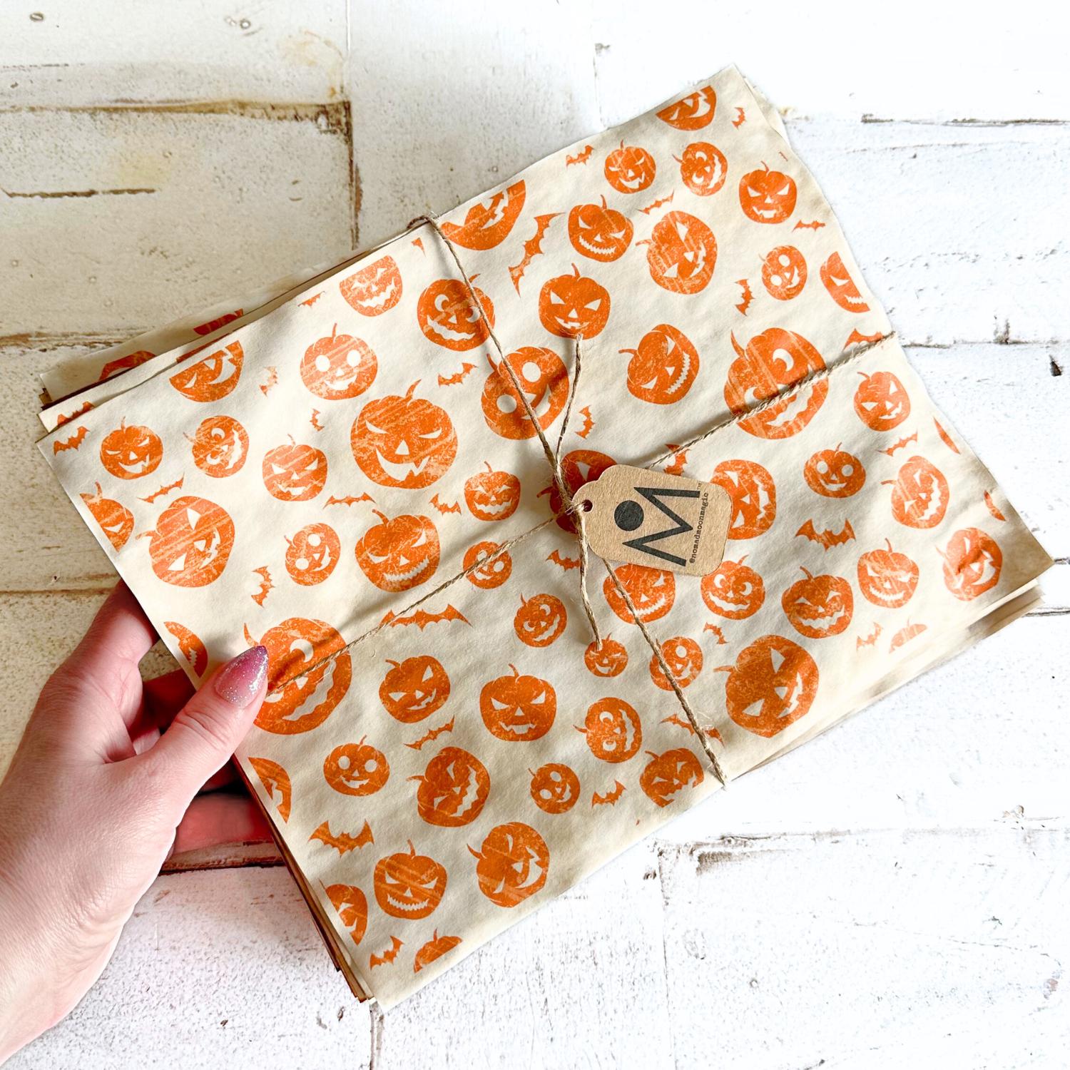 Pack of 20 Halloween Jack-o'-Lanterns and Bats Coffee-Dyed Papers, 8.5x11 inch, For Junk Journal and Scrapbooking Ephemera, Retro Vibes