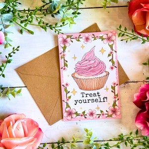 Handmade Pink Cupcake Birthday Card: Cottagecore Cherry Blossom Design