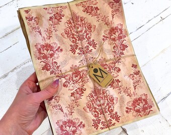 Pack of 20 Pink Damask Pattern Print Coffee-Dyed Papers, 8.5x11 inch, For Junk Journal and Scrapbooking Ephemera, Shabby Chic Vibes
