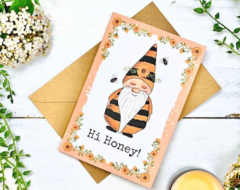 Bumble Bee Garden Gnome Greeting Card: Hand-Illustrated Linen Paper