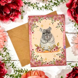 Handmade Chinchilla Greeting Card: Spring Floral Blank Card