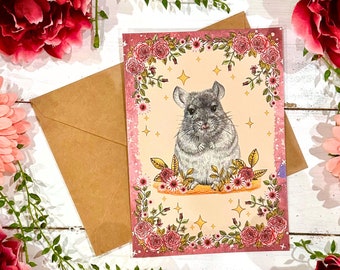 Handmade Chinchilla Greeting Card: Spring Floral Blank Card