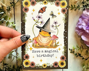 Witchy Frog and Mushroom Birthday Card, Cottagecore Forest Witch Design