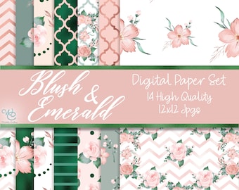 Blush & Emerald Floral Digital Papers: Scrapbooking Backgrounds (Digital Download)